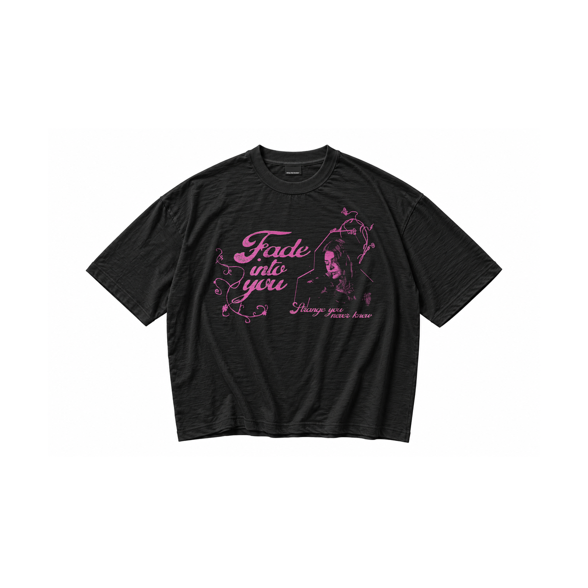 fade into you slub tee in graphite, front view, pink mazzy star print reading fade into you, strange you never knew