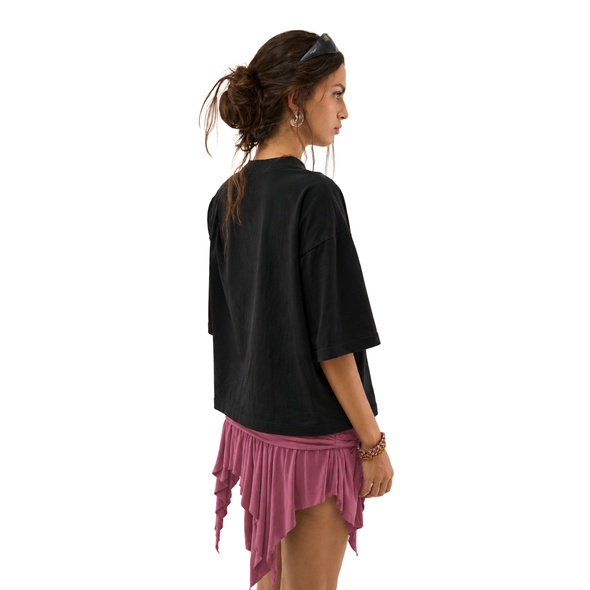 model wearing the fade into you slub tee in graphite, back view showing the boxy oversized shoulder line